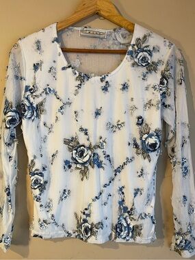 Twirl Blue White Floral Applique Mesh Sheer Sleeve Lined Long Sleeve Top M